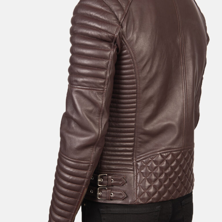 Mens Armand Maroon Leather Biker Jacket Close-Up-9-1634127107519